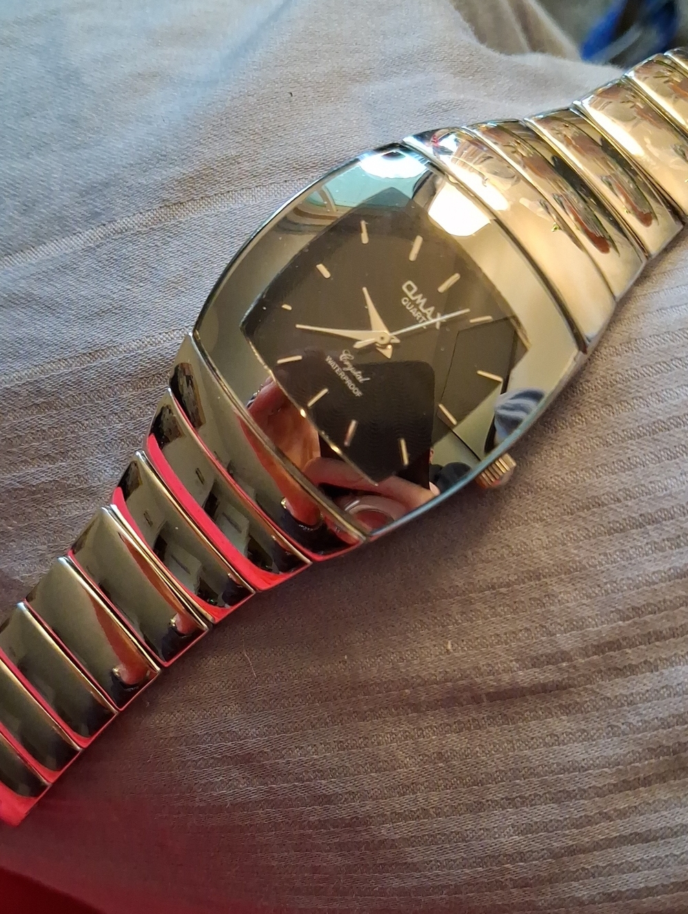 Omax Crystal Waterproof  Slim Stainless Steel Bracelet Watch - Black Dial